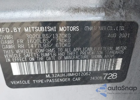 2021 Mitsubishi Mirage Carbonite Edition/Es/Le z USA, uszkodzony, nr VIN ML32AUHJ8MH012062